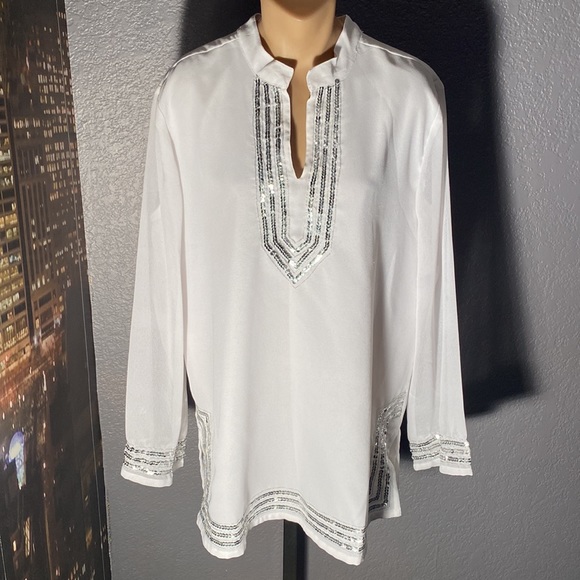 ANTTHONY - tunic overlay: white semi-sheer l/s w silver sequin hem accents - L - Picture 2 of 16
